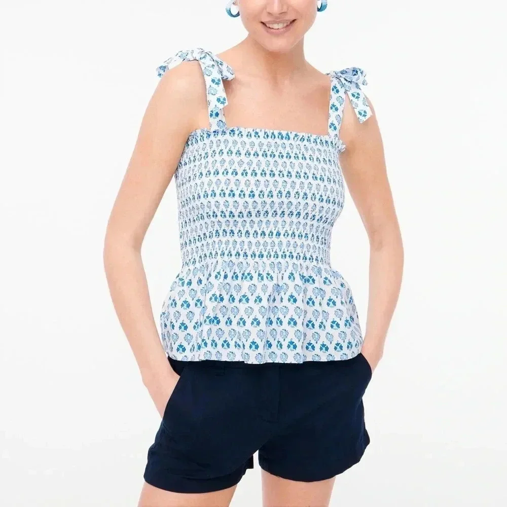 J. Crew Smocked Tie Blouse Top